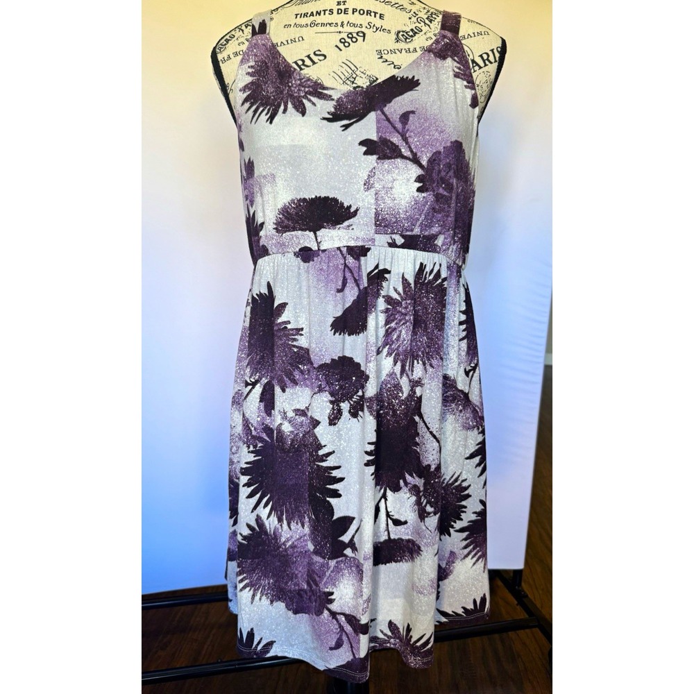 Soma Purple White Floral Fit & Flare Dress M Scoop Neck Knit Knee Length